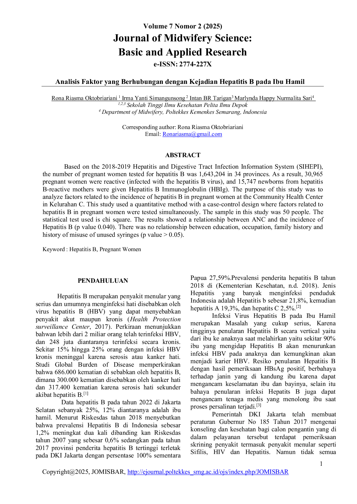 JURIS Analisis Faktor yang Berhubungan dengan Kejadian Hepatitis B pada Ibu Hamil