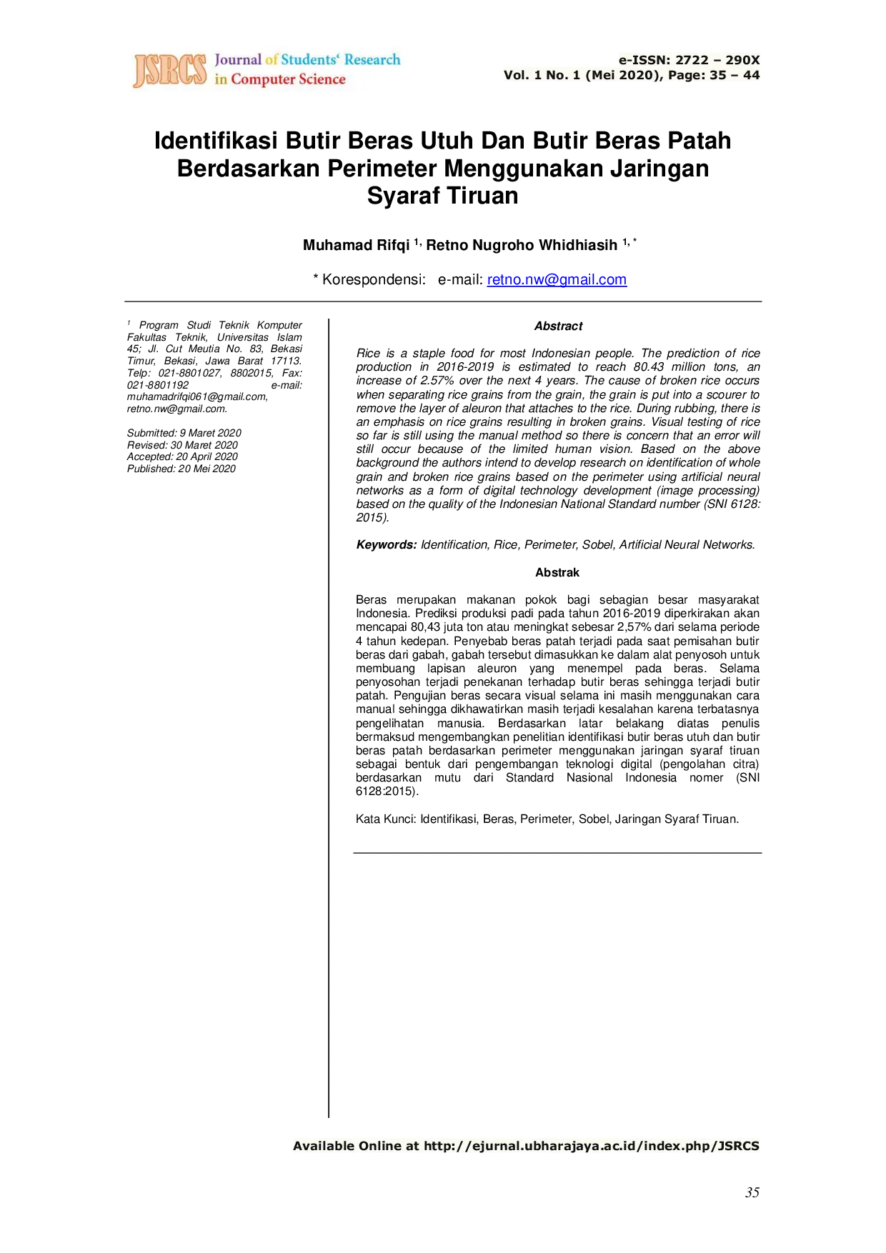 JURIS Identifikasi Butir Beras Utuh Dan Butir Beras Patah Berdasarkan Perimeter Menggunakan Jaringan Syaraf Tiruan
