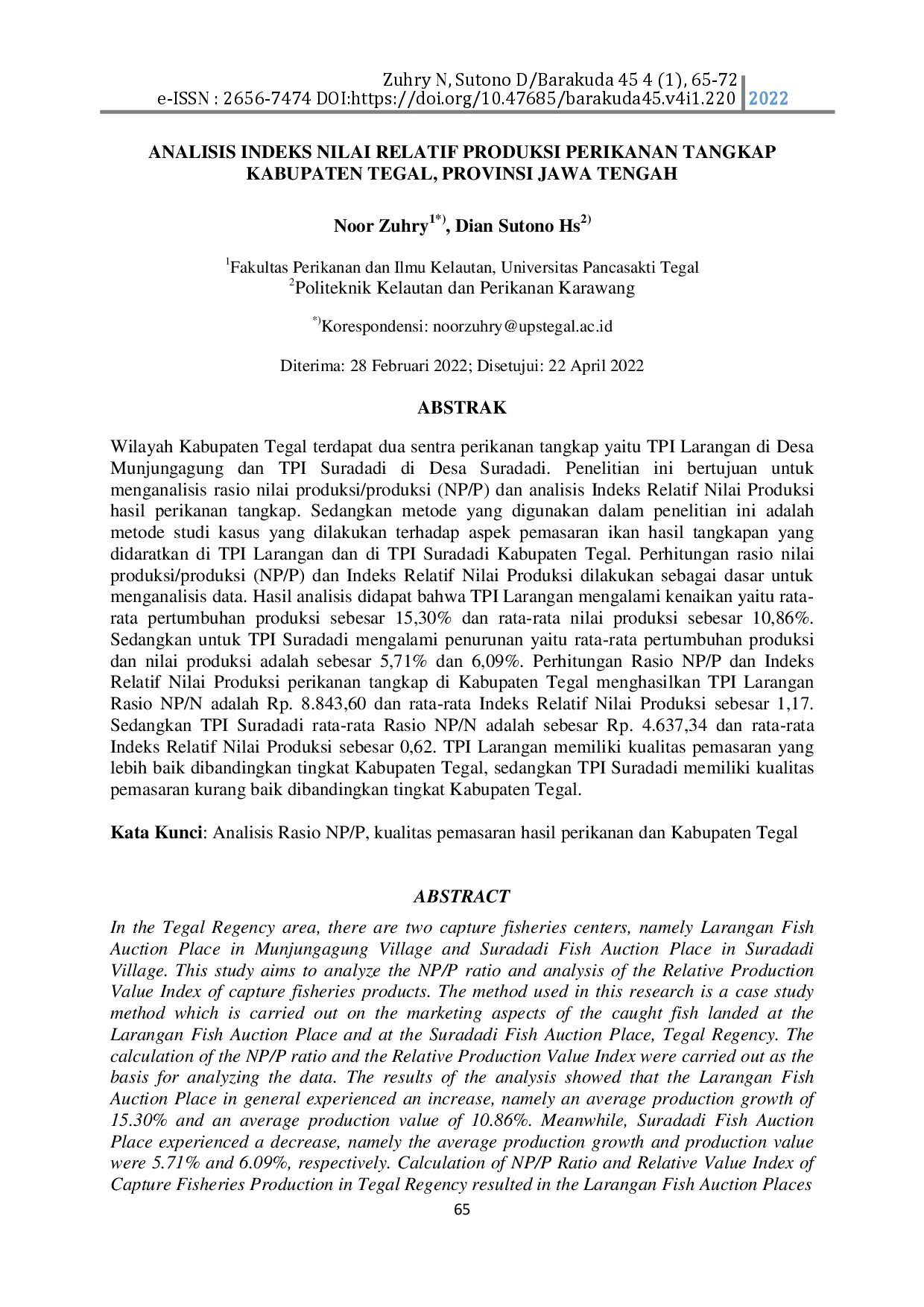 juris Analisis Indeks Nilai Relatif Produksi Perikanan Tangkap Kabupaten Tegal Provinsi Jawa Tengah