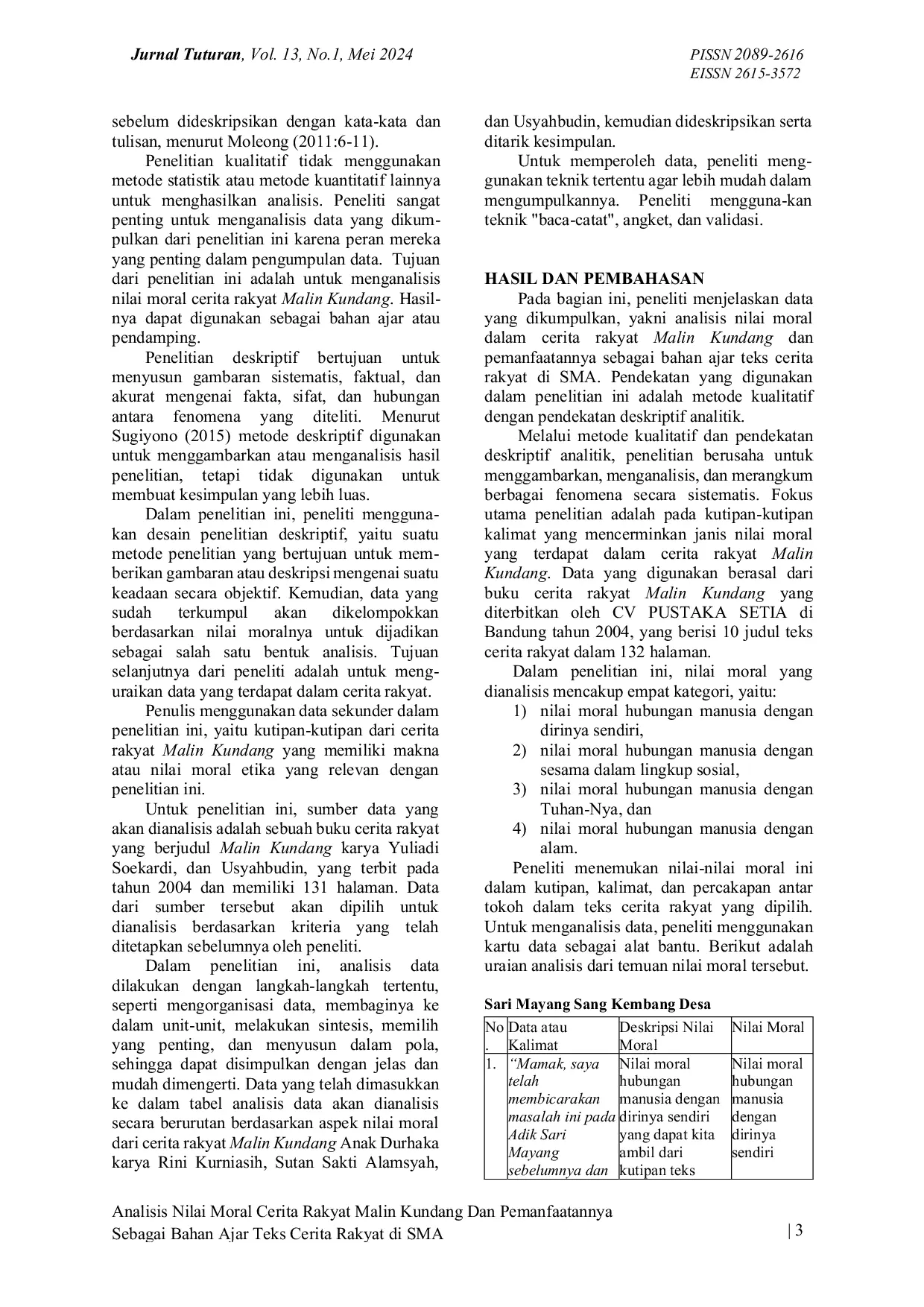 JURIS Analisis Nilai Moral Cerita Rakyat Malin Kundang Dan Pemanfaatannya Sebagai Bahan Ajar Teks Cerita Rakyat Di Sma