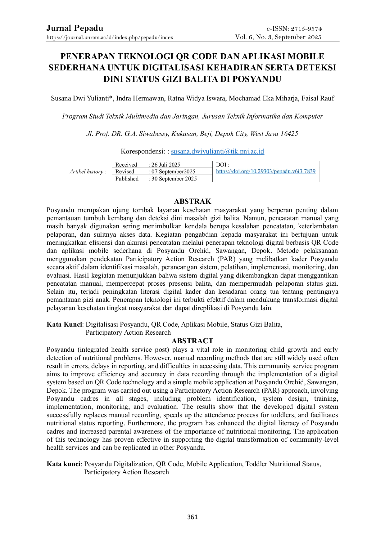 JURIS Penerapan Teknologi QR Code dan Aplikasi Mobile Sederhana untuk Digitalisasi Kehadiran Serta Deteksi Dini Status Gizi Balita di Posyandu