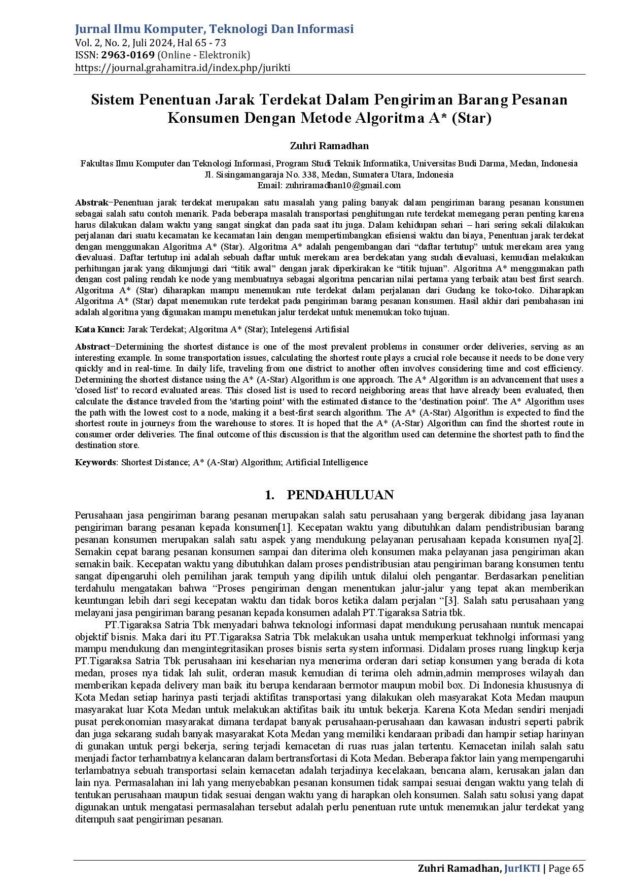 JURIS Sistem Penentuan Jarak Terdekat Dalam Pengiriman Barang Pesanan Konsumen dengan Metode Algoritma A Star