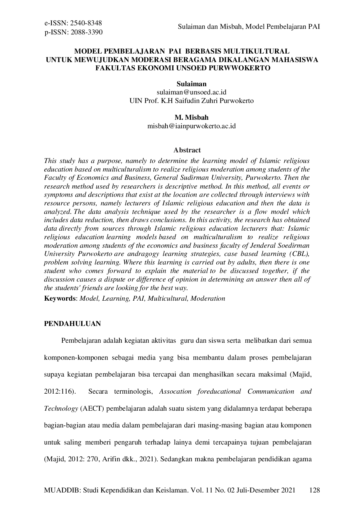 JURIS Model Pembelajaran Pai Berbasis Multikultural untuk Mewujudkan Moderasi Beragama Di Kalangan Mahasiswa Fakultas Ekonomi Unsoed Purwokerto