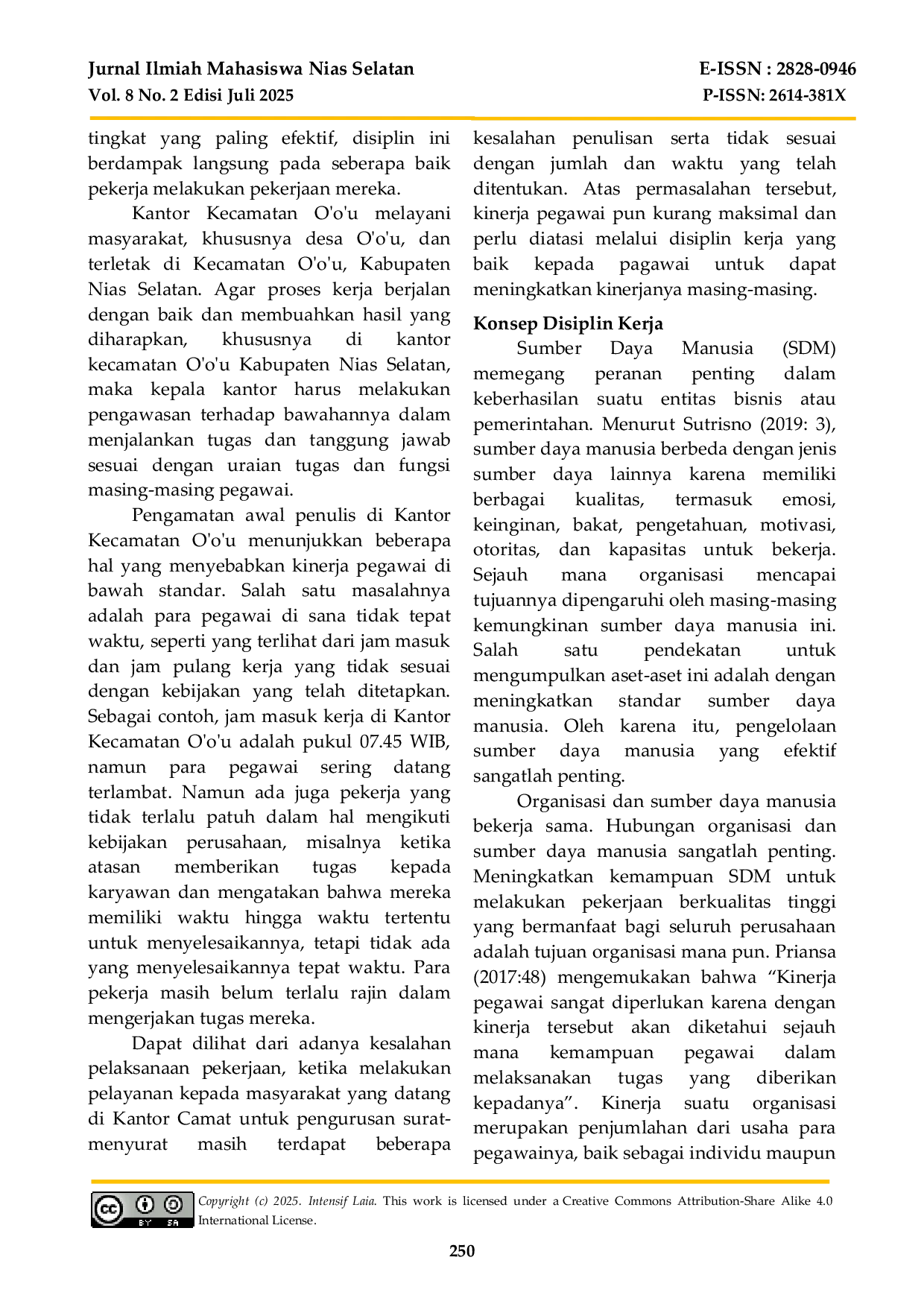 JURIS Pengaruh Disiplin Kerja Terhadap Kinerja Pegawai Pada Kantor Camat O O U Kabupaten Nias Selatan