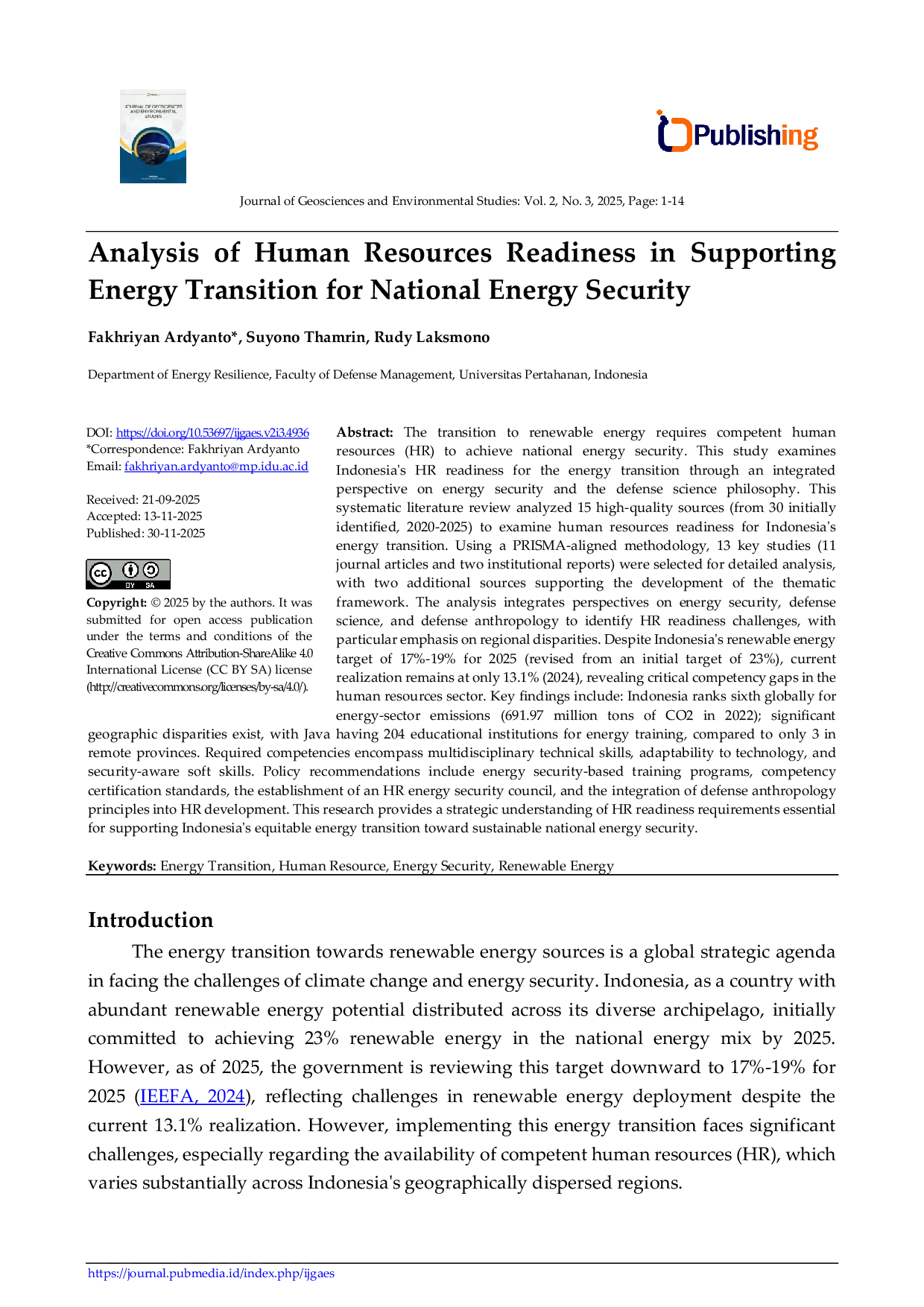 JURIS Analysis of Human Resources Readiness in Supporting Energy Transition for National Energy Security
