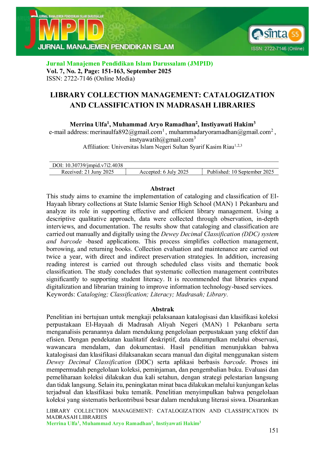 JURIS Library Collection Management Catalogization And Classification In Madrasah Libraries