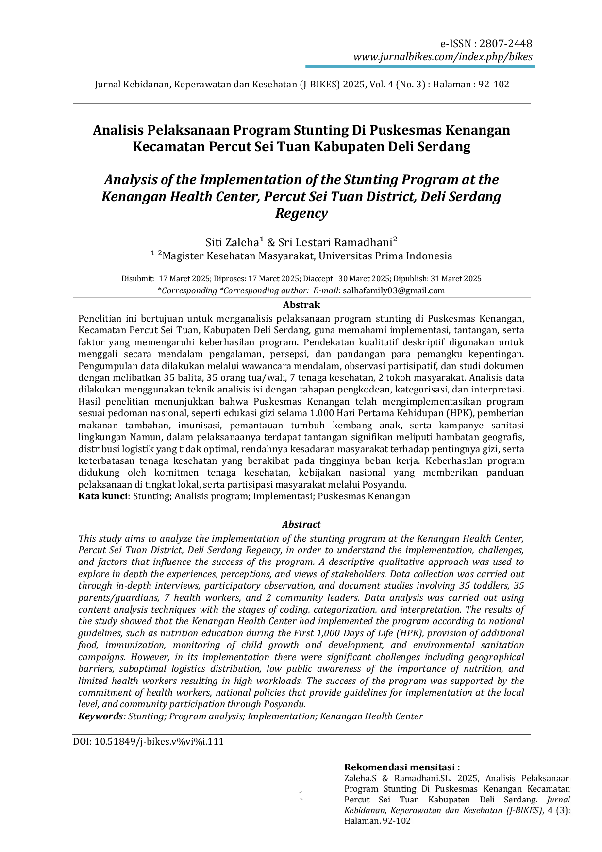 JURIS Analisis Pelaksanaan Program Stunting Di Puskesmas Kenangan Kecamatan Percut Sei Tuan Kabupaten Deli Serdang