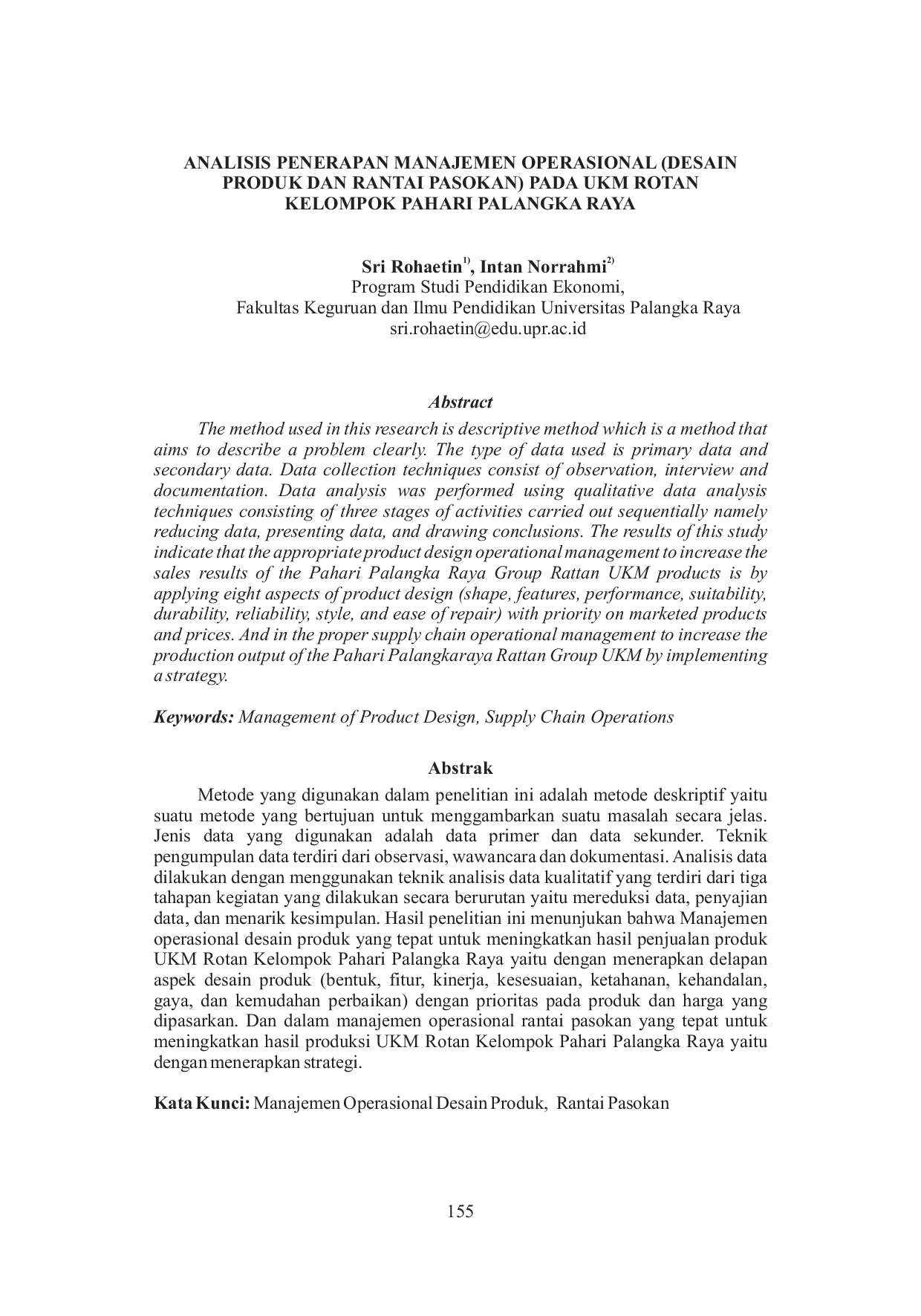 JURIS Analisis Penerapan Manajemen Operasional Desain Produk dan Rantai Pasokan Pada UKM Rotan Kelompok Pahari Palangka Raya