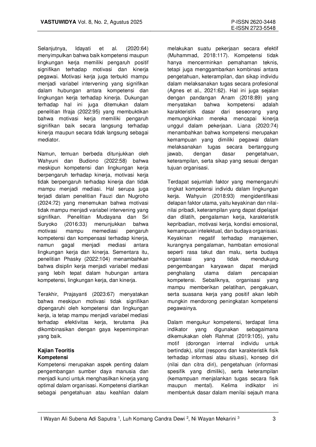 juris Pengaruh Kompetensi Dan Lingkungan Kerja Terhadap Kinerja Pegawai Melalui Motivasi Kerja Sebagai Variabel Intervening Studi Kasus Pada Kantor Kecamatan Pekutatan Kabupaten Jembrana