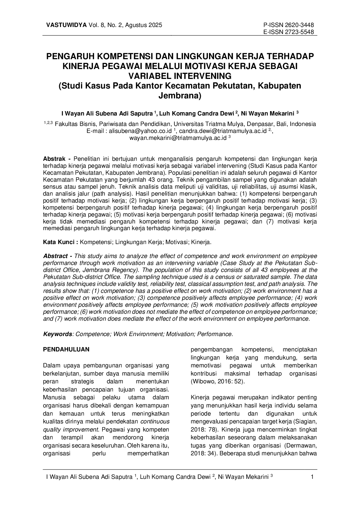 JURIS Pengaruh Kompetensi Dan Lingkungan Kerja Terhadap Kinerja Pegawai Melalui Motivasi Kerja Sebagai Variabel Intervening Studi Kasus Pada Kantor Kecamatan Pekutatan Kabupaten Jembrana