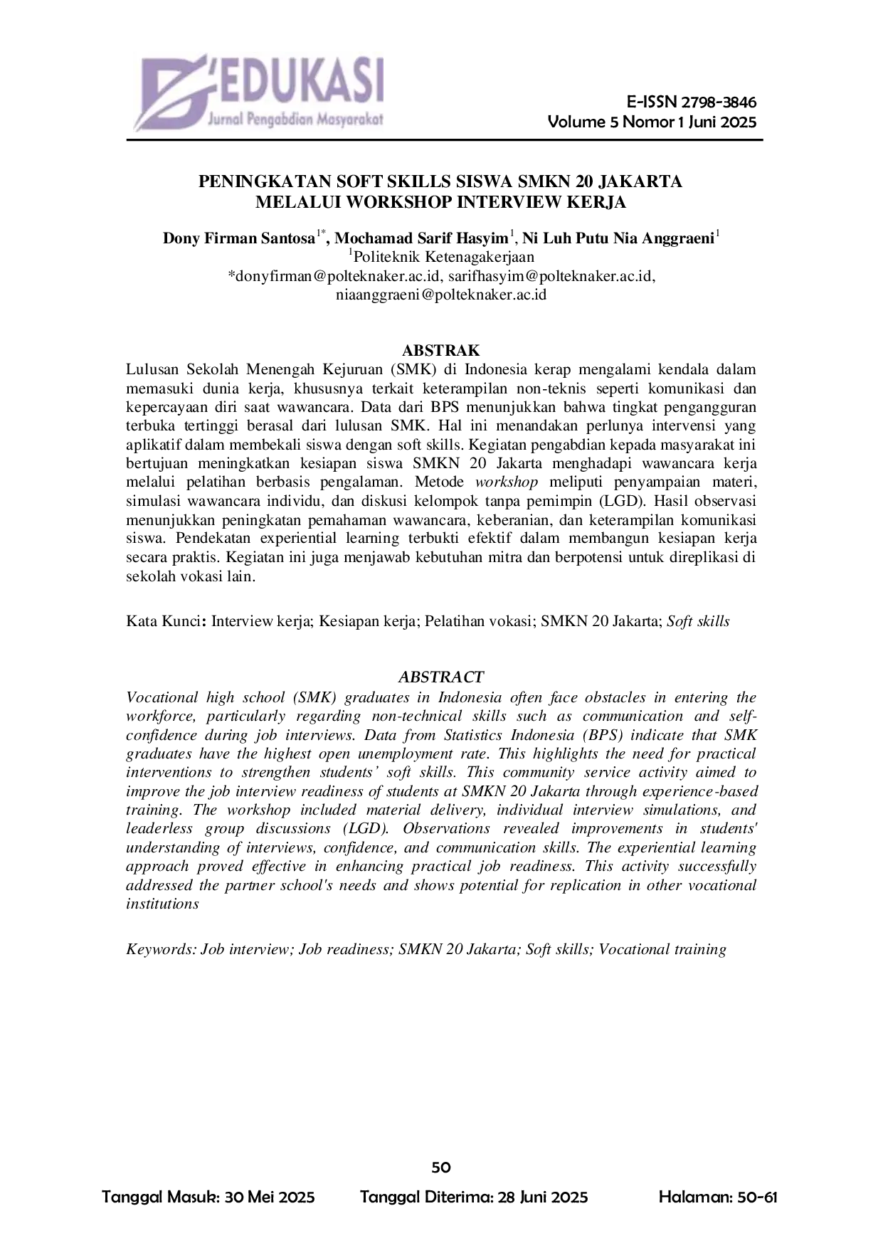 JURIS Peningkatan Soft Skills Siswa Smkn 20 Jakarta Melalui Workshop Interview Kerja