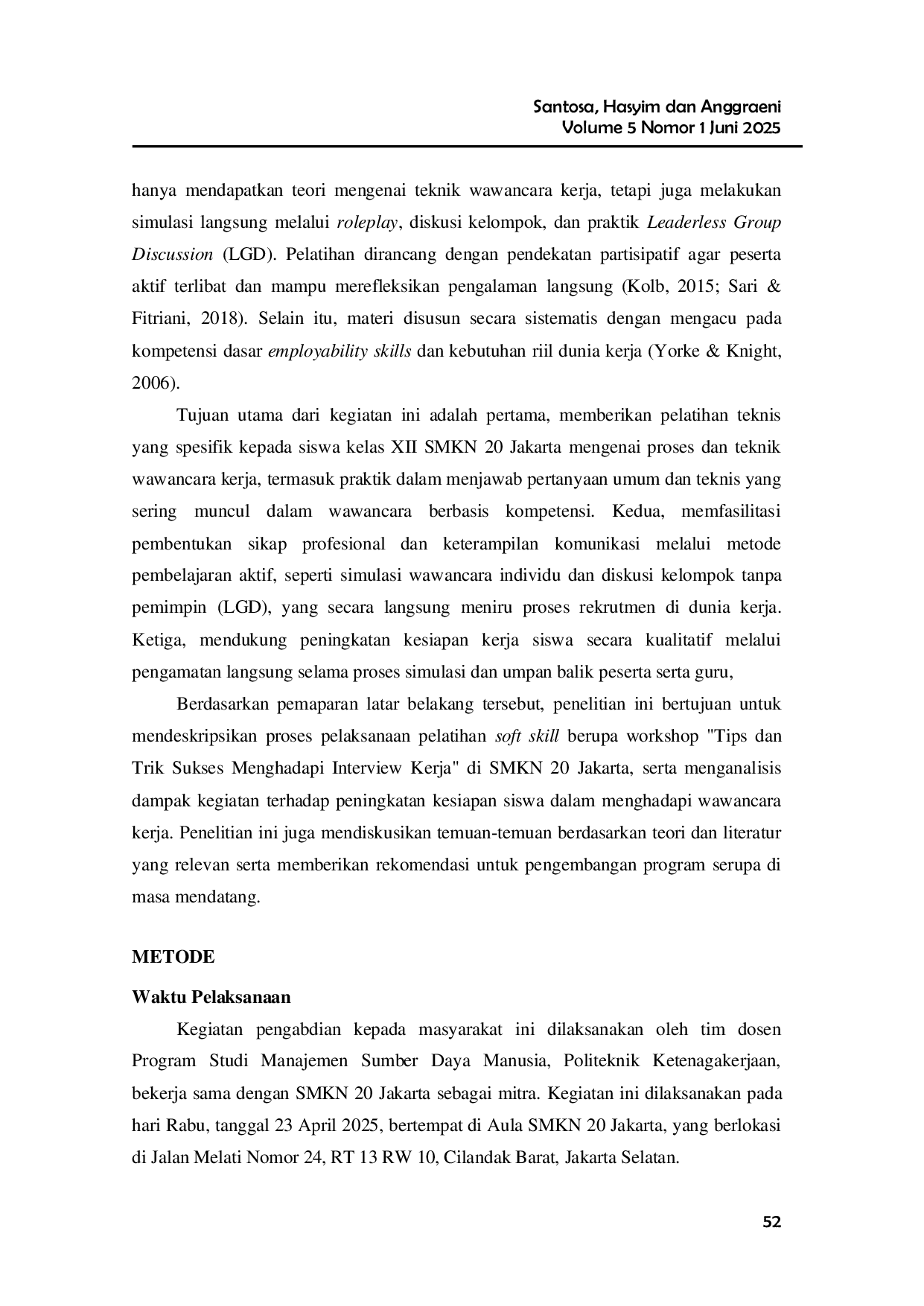 JURIS Peningkatan Soft Skills Siswa Smkn 20 Jakarta Melalui Workshop Interview Kerja