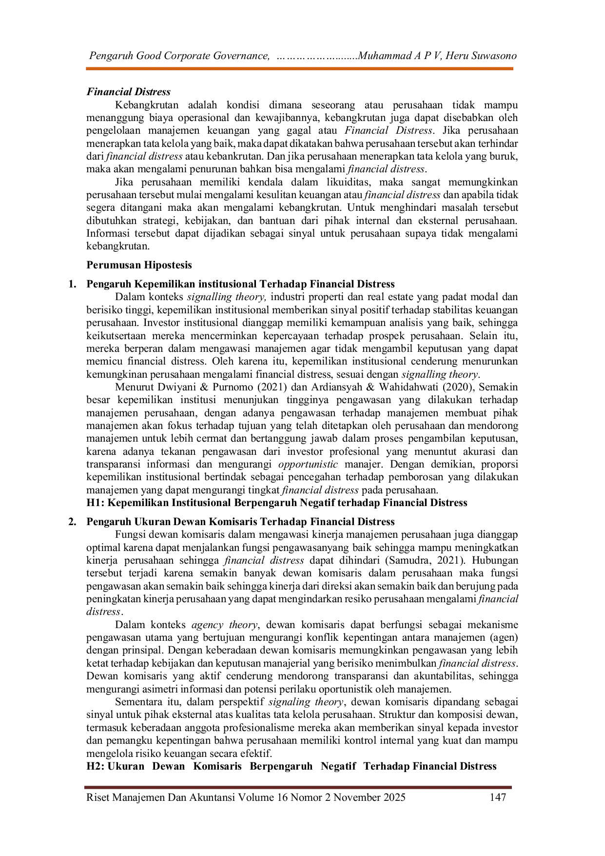 JURIS Pengaruh Good Corporate Governance Ukuran Perusahaan dan Diversitas Gender Direksi Terhadap Financial Distress Studi Empiris pada Perusahaan Property dan Real Estate yang Terdaftar di Bursa Efek In