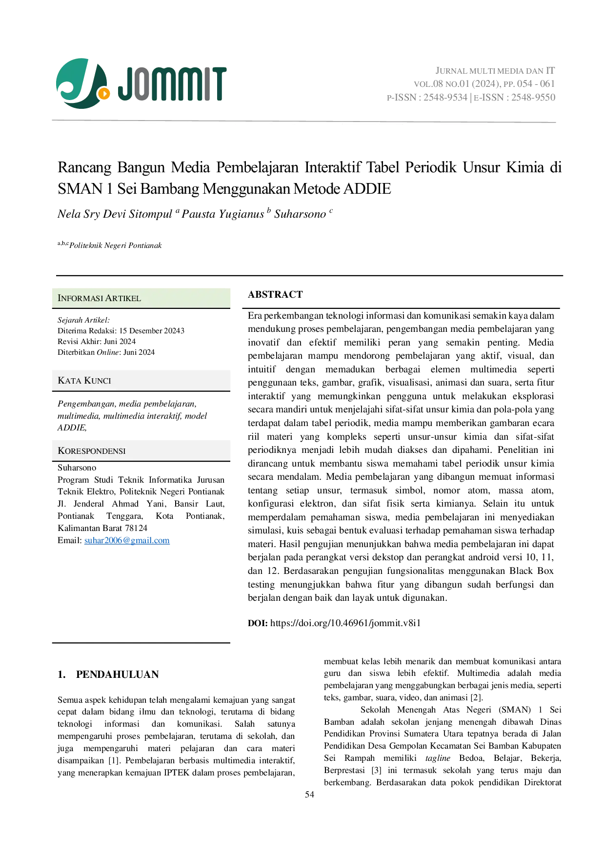 JURIS Rancang Bangun Media Pembelajaran Interaktif Tabel Periodik Unsur Kimia di SMAN 1 Sei Bambang Menggunakan Metode ADDIE