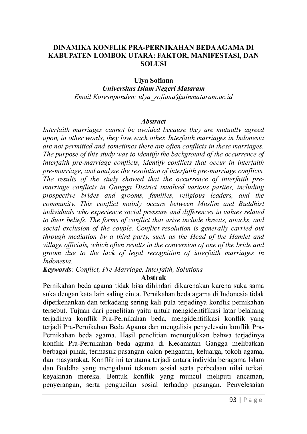 JURIS Dinamika Konflik Pra Pernikahan Beda Agama di Kabupaten Lombok Utara Faktor Manifestasi dan Solusi
