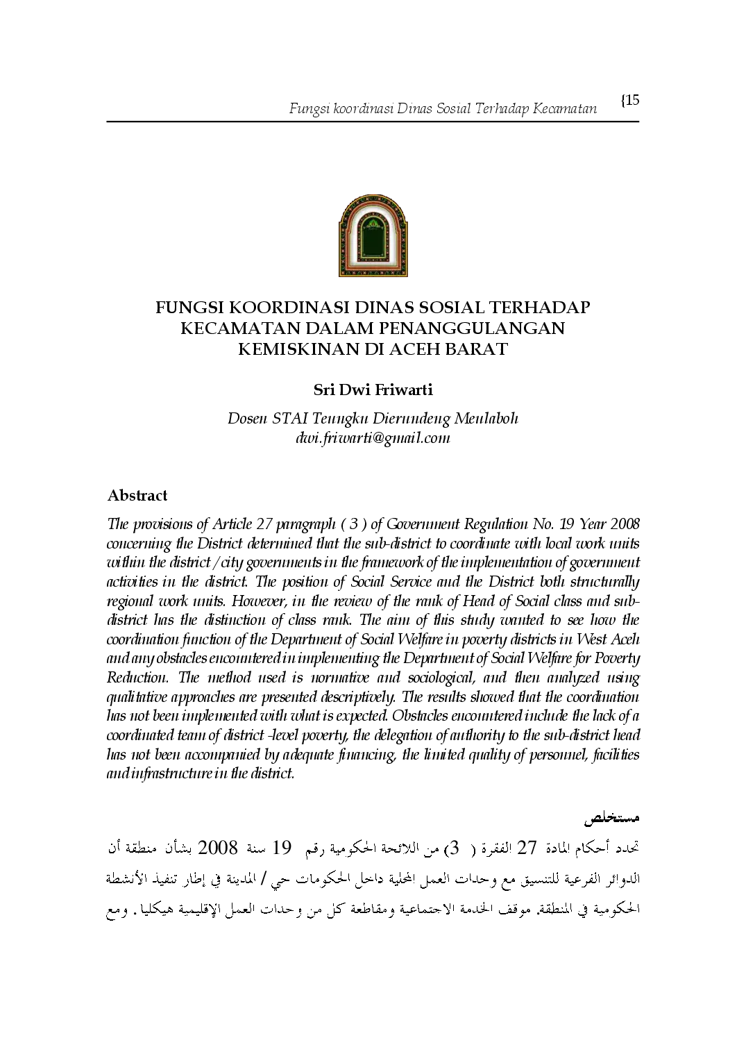 juris Fungsi Koordinasi Dinas Sosial Terhadap Kecamatan Dalam Penanggulangan Kemiskinan Di Aceh Barat