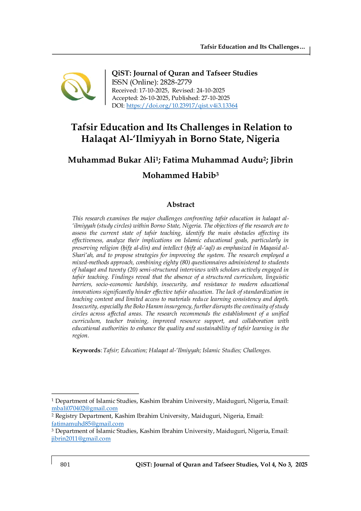 JURIS Tafsir Education and Its Challenges in Relation to Halaqat Al Ilmiyyah in Borno State Nigeria