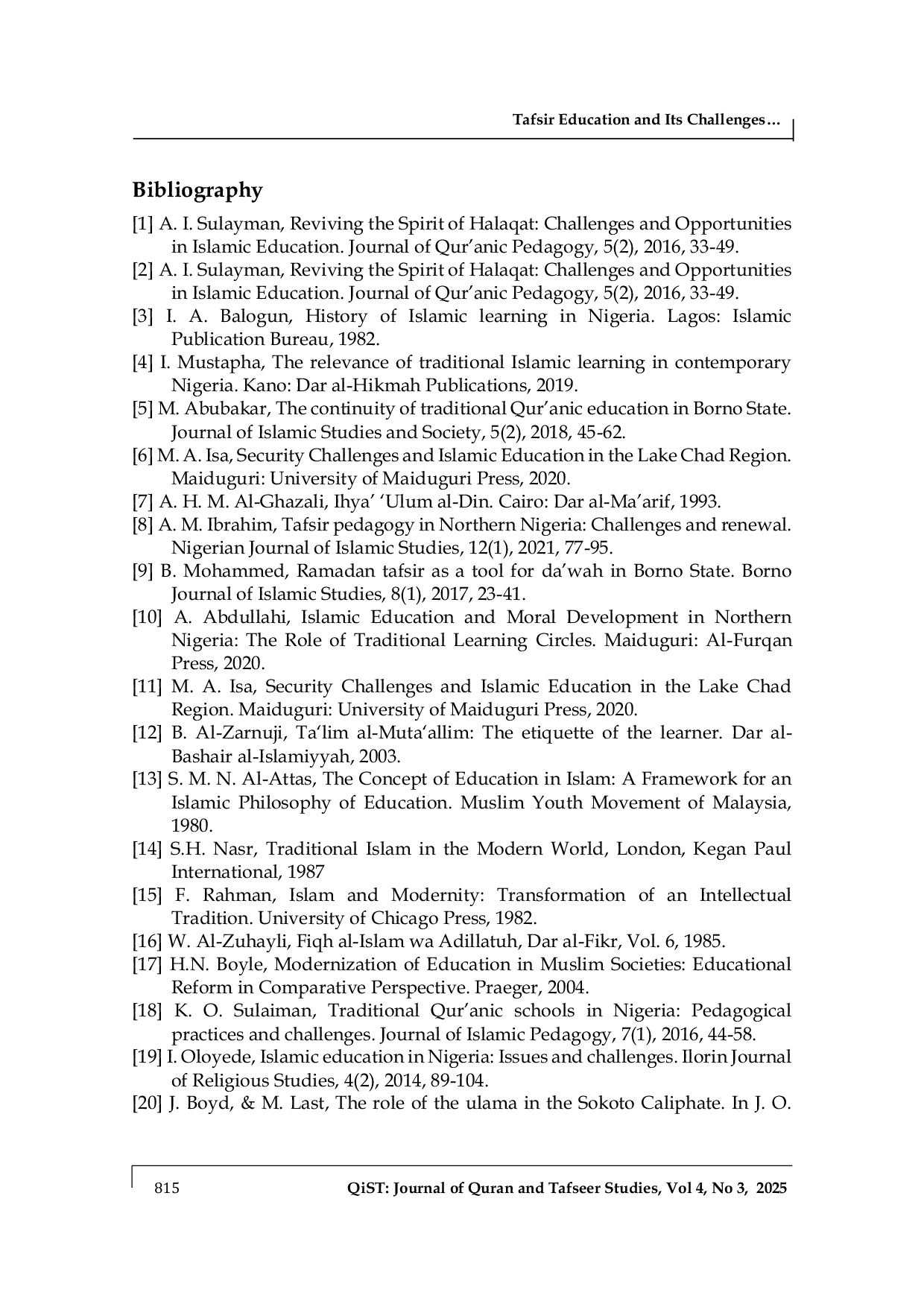 JURIS Tafsir Education and Its Challenges in Relation to Halaqat Al Ilmiyyah in Borno State Nigeria