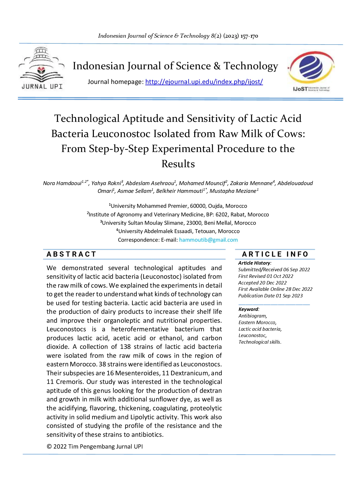 juris Technological Aptitude and Sensitivity of Lactic Acid Bacteria Leuconostoc Isolated from Raw Milk of Cows From Step by Step Experimental Procedure to the Results