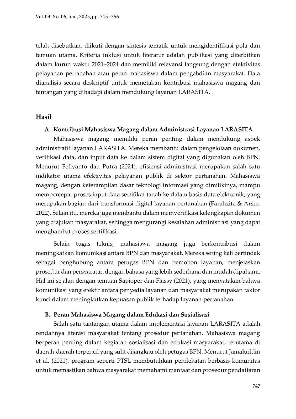 JURIS Peran Mahasiswa Magang dalam Mendukung Efektivitas Layanan LARASITA Refleksi Pengabdian Masyarakat di ATR BPN