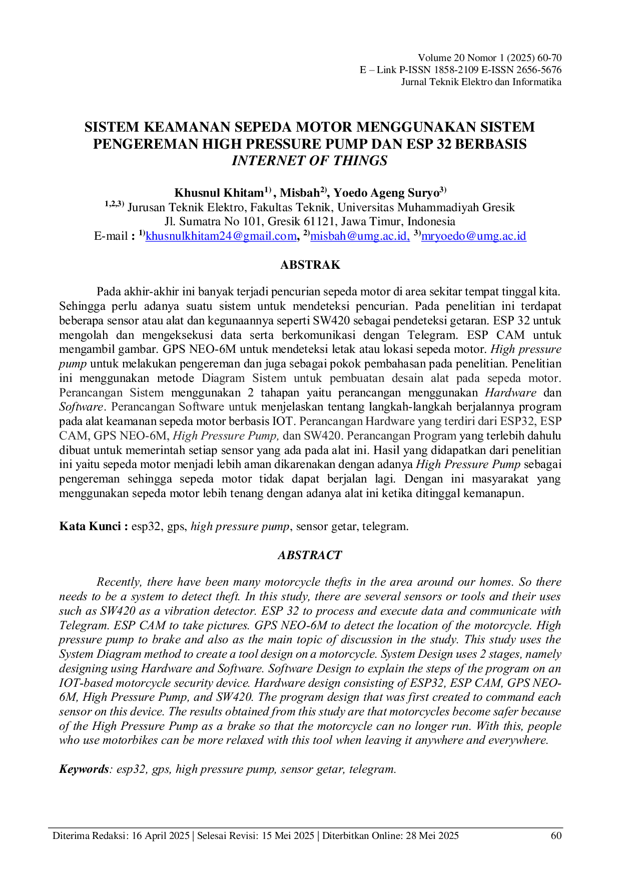 JURIS Sistem Keamanan Sepeda Motor Menggunakan Pengereman High Pressure Pump dan ESP 32 Berbasis Internet of Things