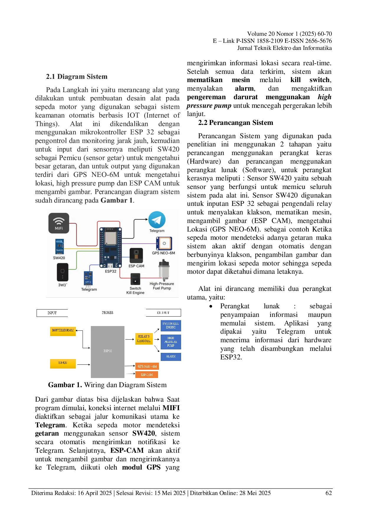 JURIS Sistem Keamanan Sepeda Motor Menggunakan Pengereman High Pressure Pump dan ESP 32 Berbasis Internet of Things