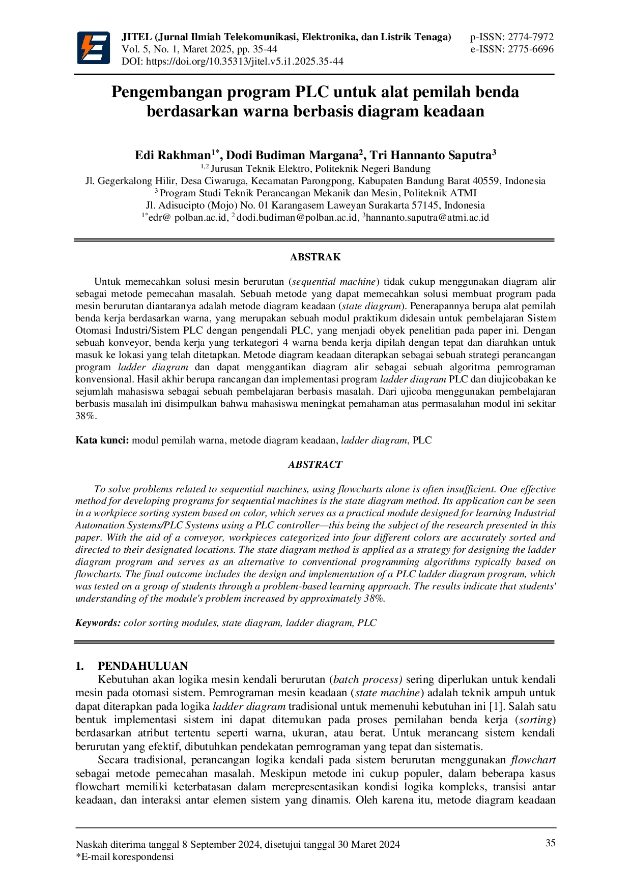 JURIS Pengembangan program PLC untuk alat pemilah benda berdasarkan warna berbasis diagram keadaan