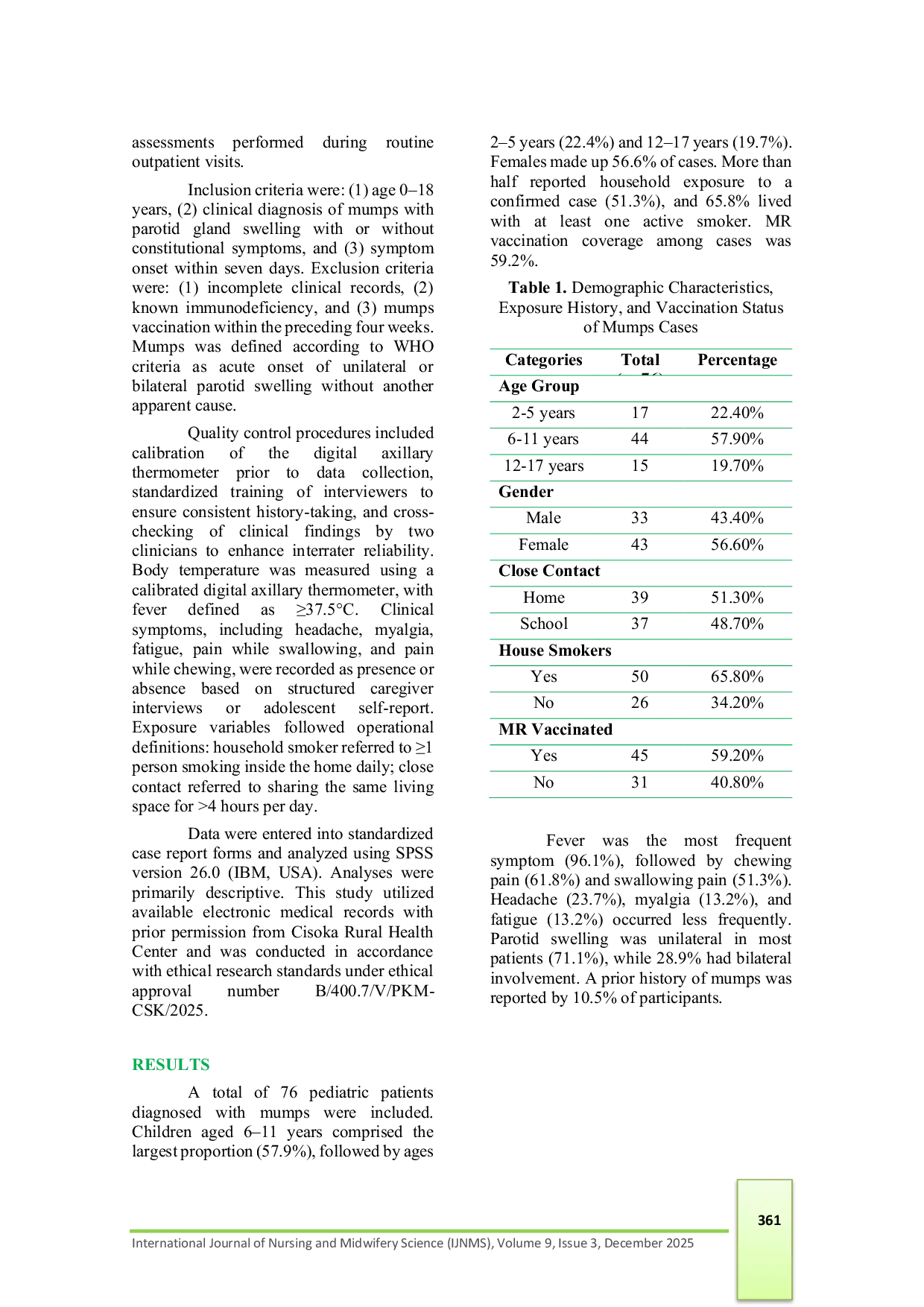 JURIS Epidemiology and Clinical Characteristics of Mumps Among Children and Adolescents A Cross Sectional Study in Cisoka Puskesmas Indonesia