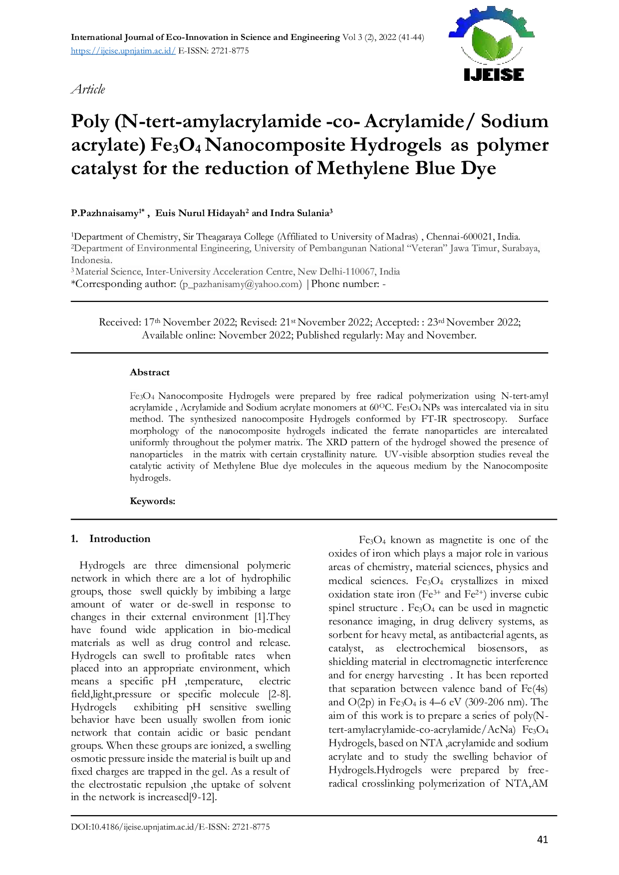 JURIS Poly N tert amylacrylamide co Acrylamide Sodium acrylate Fe3O4 Nanocomposite Hydrogels as polymer catalyst for the reduction of Methylene Blue Dye