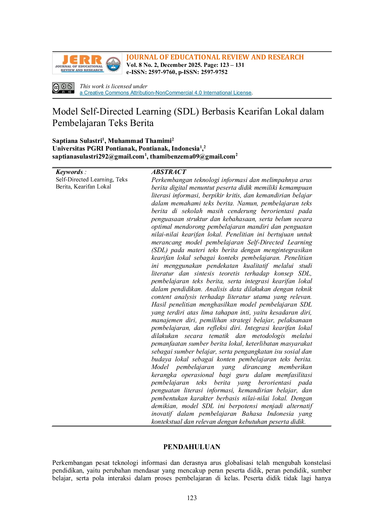 JURIS Model Self Directed Learning SDL Berbasis Kearifan Lokal dalam Pembelajaran Teks Berita