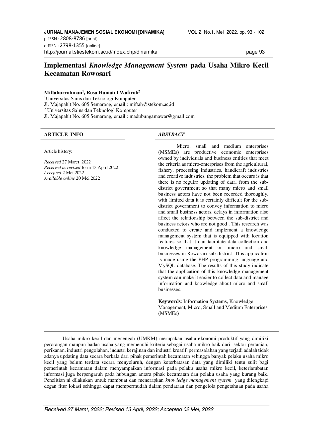 JURIS Implementasi Knowledge Management System pada Usaha Mikro Kecil Kecamatan Rowosari