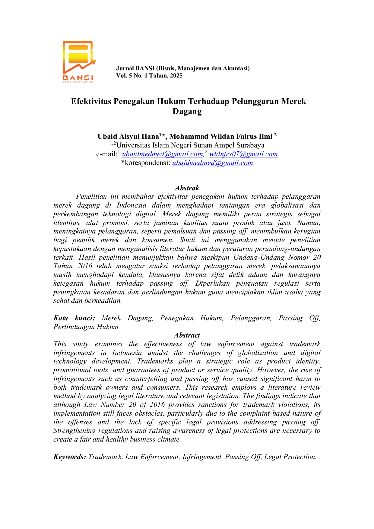 JURIS Efektivitas Penegakan Hukum Terhadaap Pelanggaran Merek Dagang