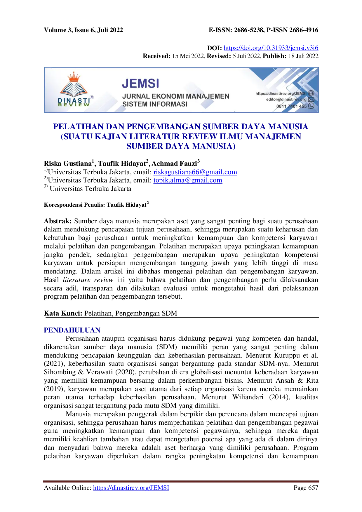juris Pelatihan dan Pengembangan Sumber Daya Manusia Suatu Kajian Literatur Review Ilmu Manajemen Sumber Daya Manusia