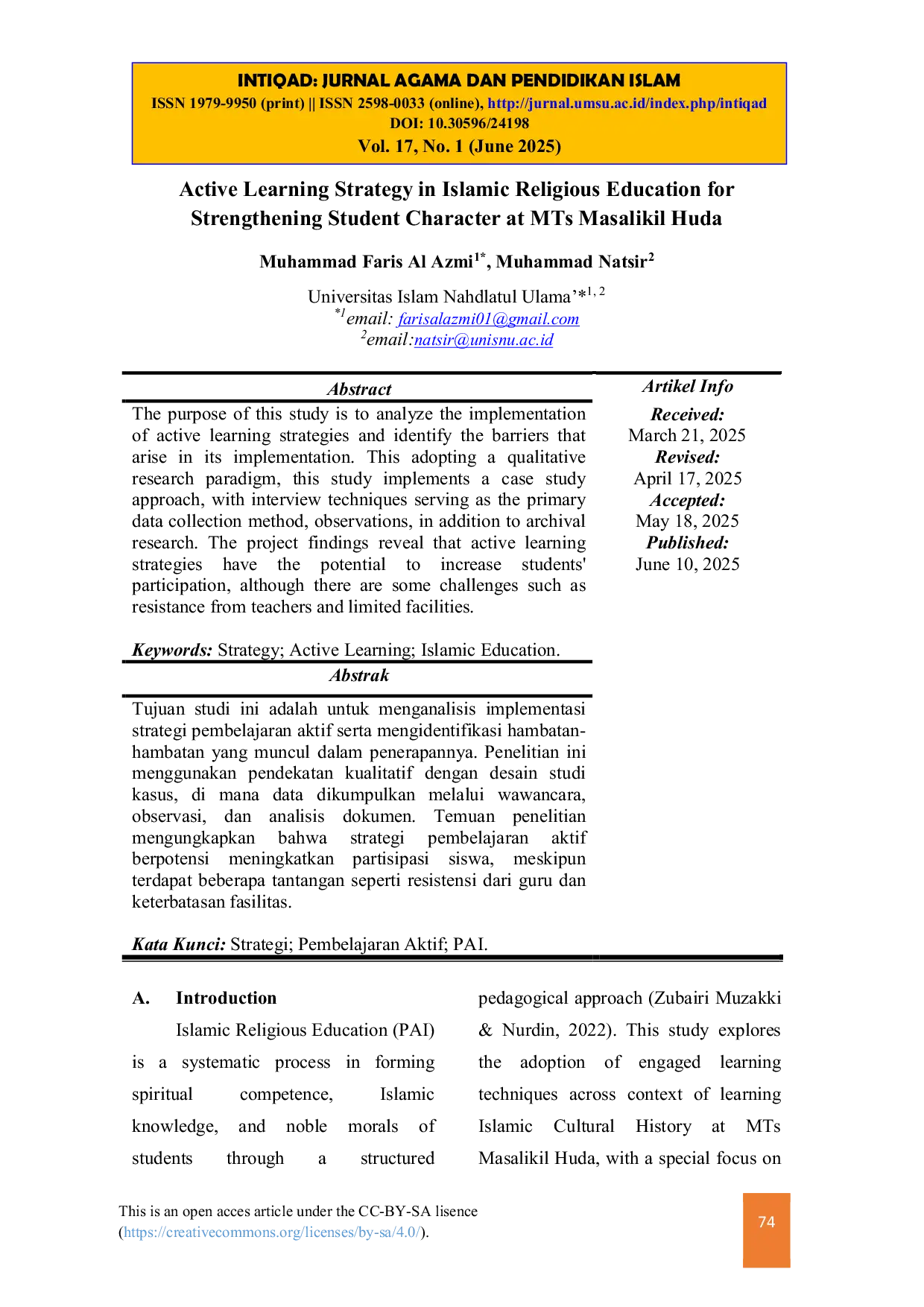 JURIS Active Learning Strategy in Islamic Religious Education for Strengthening Student Character at MTs Masalikil Huda