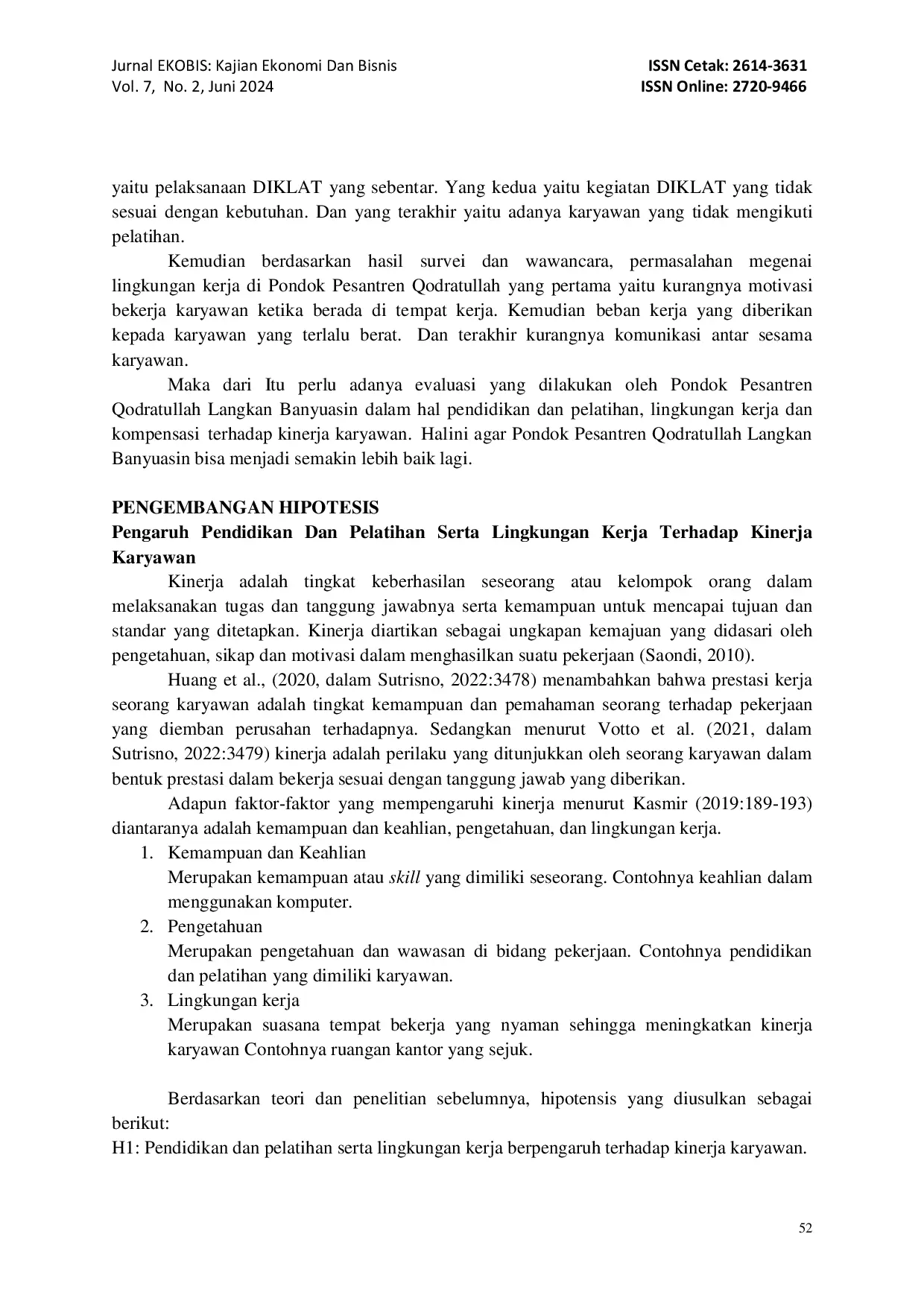 JURIS Pengaruh Pendidikan Dan Pelatihan Serta Lingkungan Kerja Terhadap Kinerja Karyawan Di Pondok Pesantren Qodratullah Langkan Banyuasin