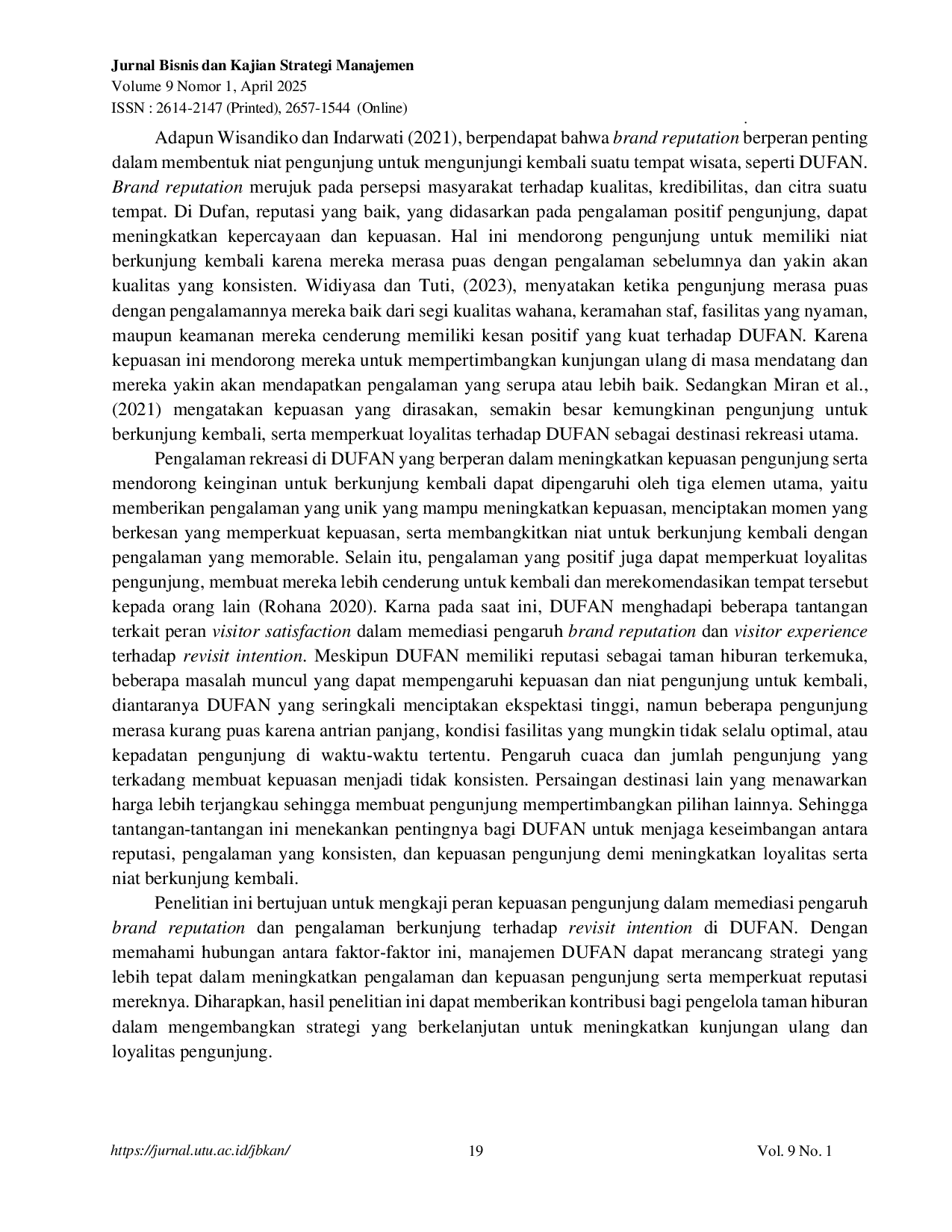JURIS Peran Visitor Satisfaction Memediasi Pengaruh Brand Reputation Dan Visitor Experience Terhadap Revisit Intention