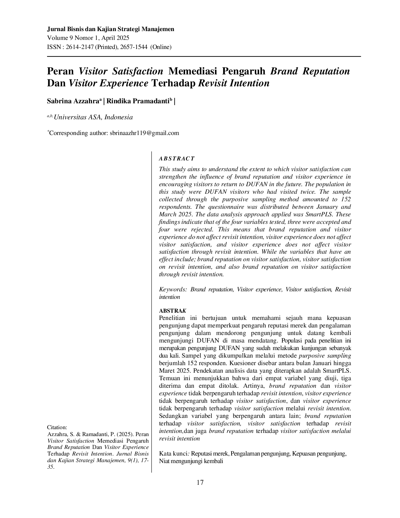 JURIS Peran Visitor Satisfaction Memediasi Pengaruh Brand Reputation Dan Visitor Experience Terhadap Revisit Intention