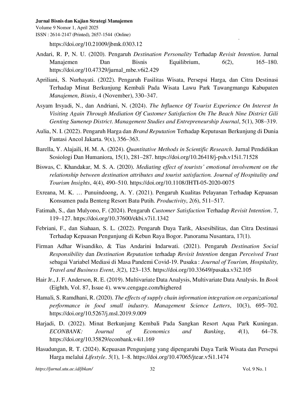 JURIS Peran Visitor Satisfaction Memediasi Pengaruh Brand Reputation Dan Visitor Experience Terhadap Revisit Intention