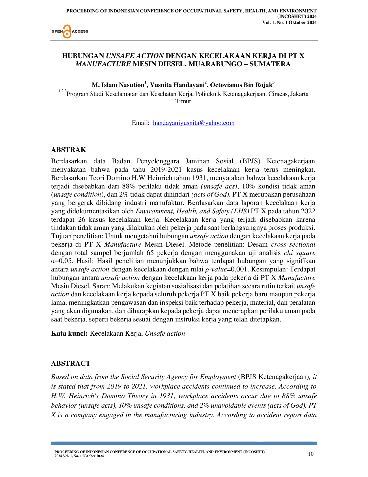 JURIS Hubungan Unsafe Action Dengan Kecelakaan Kerja Di Pt X Manufacture Mesin Diesel Muarabungo Sumatera