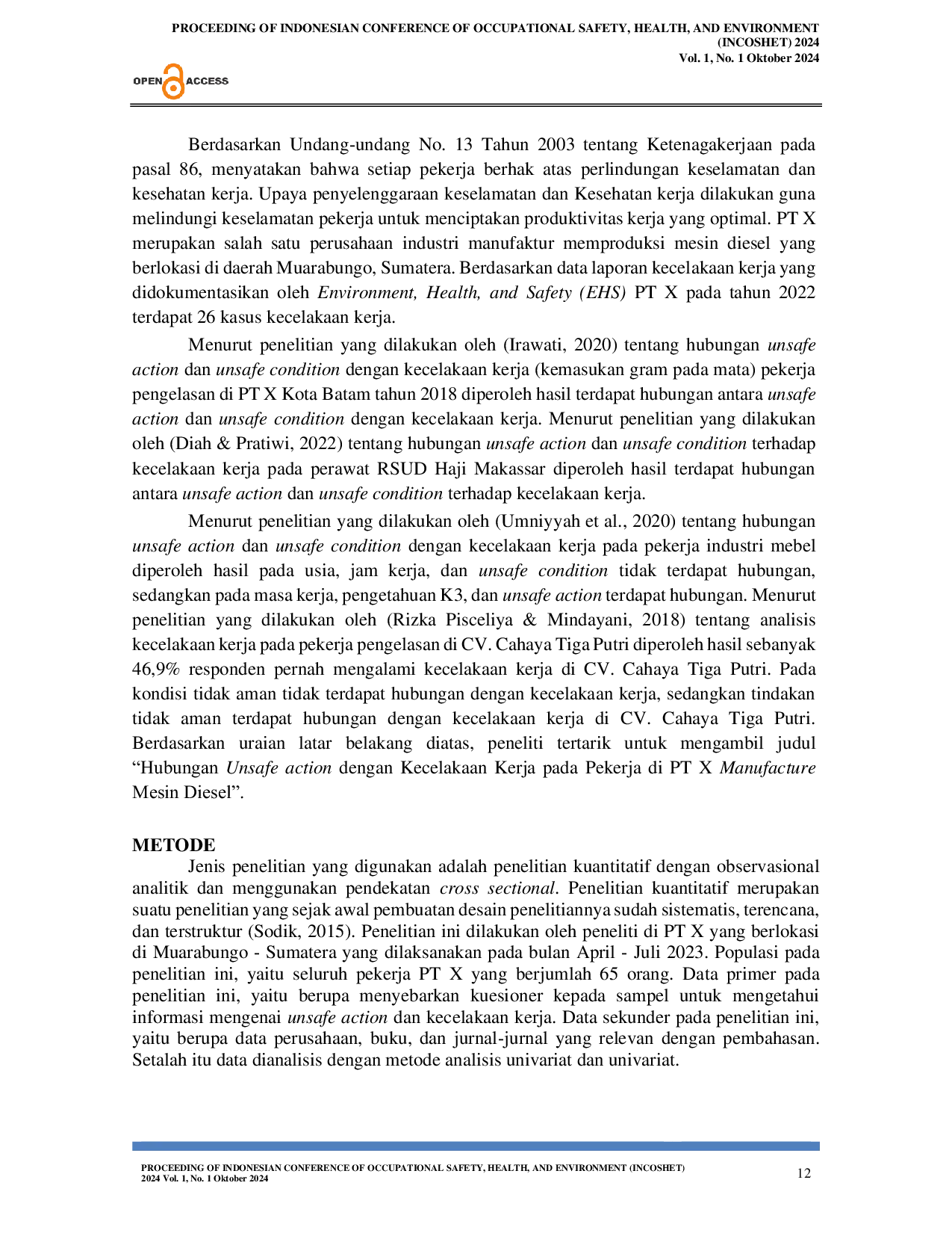 JURIS Hubungan Unsafe Action Dengan Kecelakaan Kerja Di Pt X Manufacture Mesin Diesel Muarabungo Sumatera