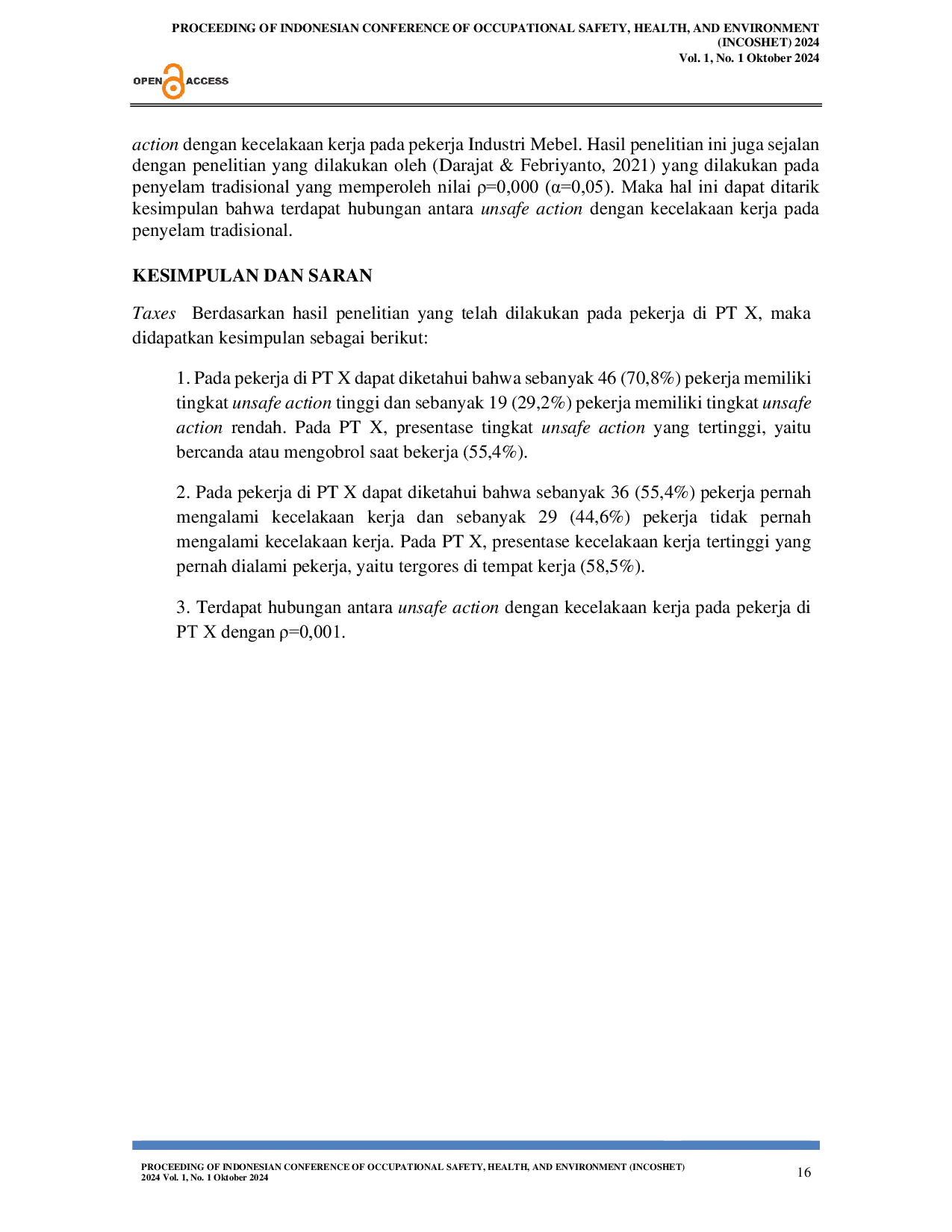 JURIS Hubungan Unsafe Action Dengan Kecelakaan Kerja Di Pt X Manufacture Mesin Diesel Muarabungo Sumatera