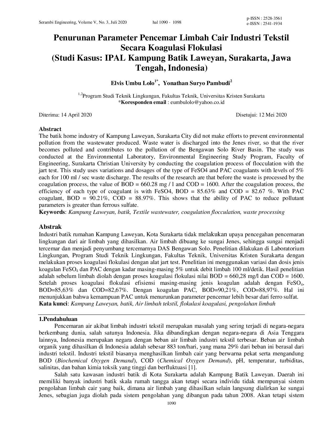 JURIS Penurunan Parameter Pencemar Limbah Cair Industri Tekstil Secara Koagulasi Flokulasi Studi Kasus IPAL Kampung Batik Laweyan Surakarta Jawa Tengah Indonesia