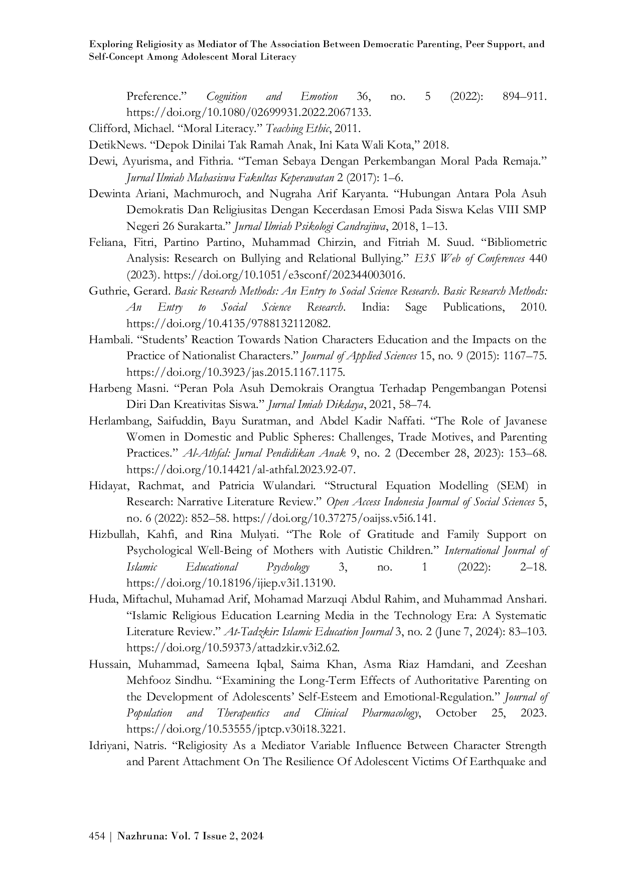 JURIS Exploring Religiosity as Mediator of The Association Between Democratic Parenting Peer Support and Self Concept Among Adolescent Moral Literacy