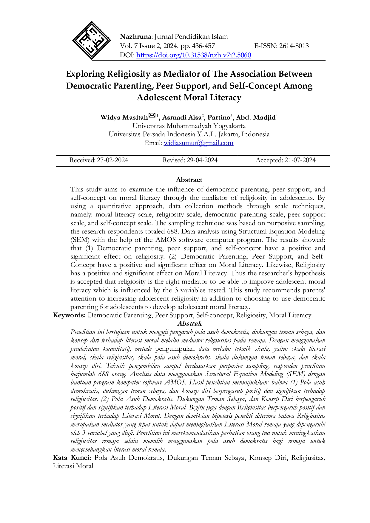 JURIS Exploring Religiosity as Mediator of The Association Between Democratic Parenting Peer Support and Self Concept Among Adolescent Moral Literacy