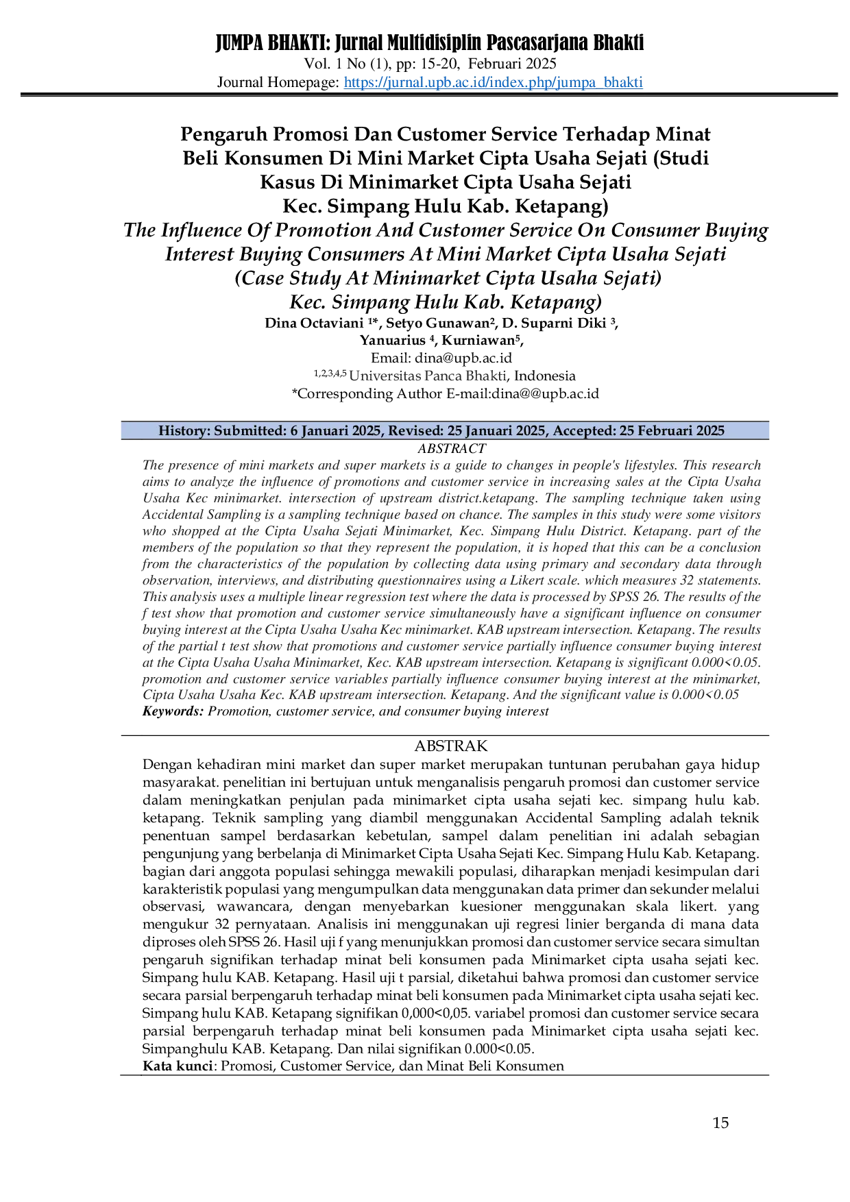JURIS Pengaruh Promosi Dan Customer Service Terhadap Minat Beli Konsumen Di Mini Market Cipta Usaha Sejati Studi Kasus Di Minimarket Cipta Usaha Sejati Kec Simpang Hulu Kab Ketapang
