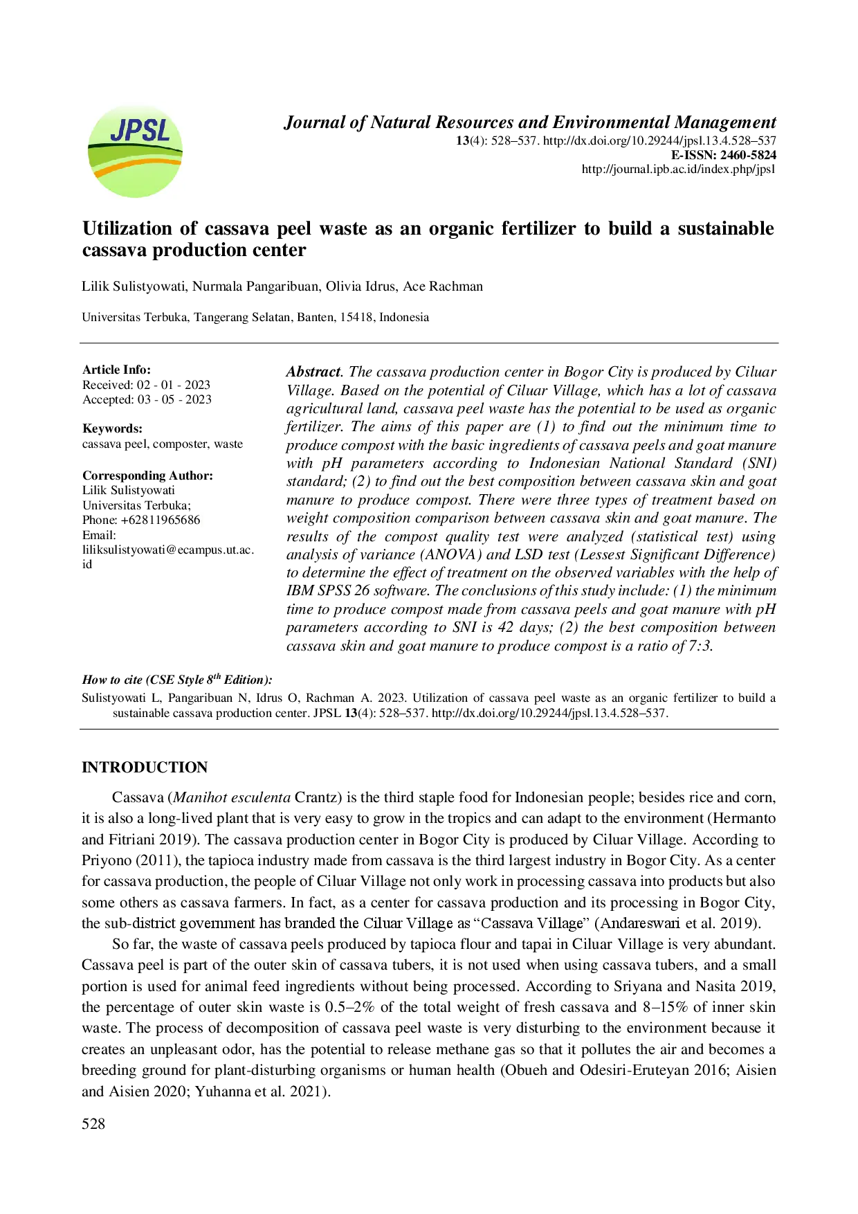 juris Utilization Of Cassava Peel Waste As An Organic Fertilizer To Build A Sustainable Cassava Production Center