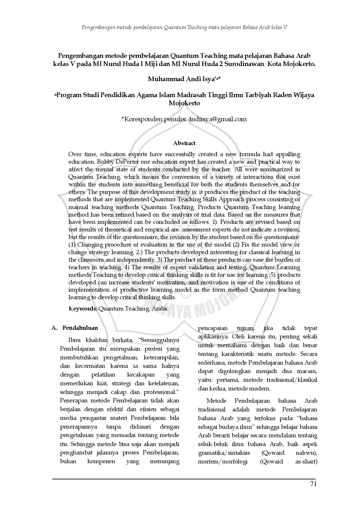 juris Pengembangan metode pembelajaran Quantum Teaching mata pelajaran Bahasa Arab kelas V pada MI Nurul Huda I Miji dan MI Nurul Huda 2 Surodinawan Kota Mojokerto