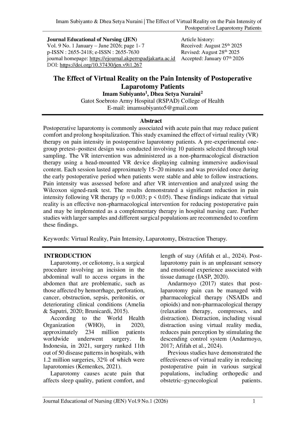 JURIS The Effect of Virtual Reality on the Pain Intensity of Postoperative Laparotomy Patients