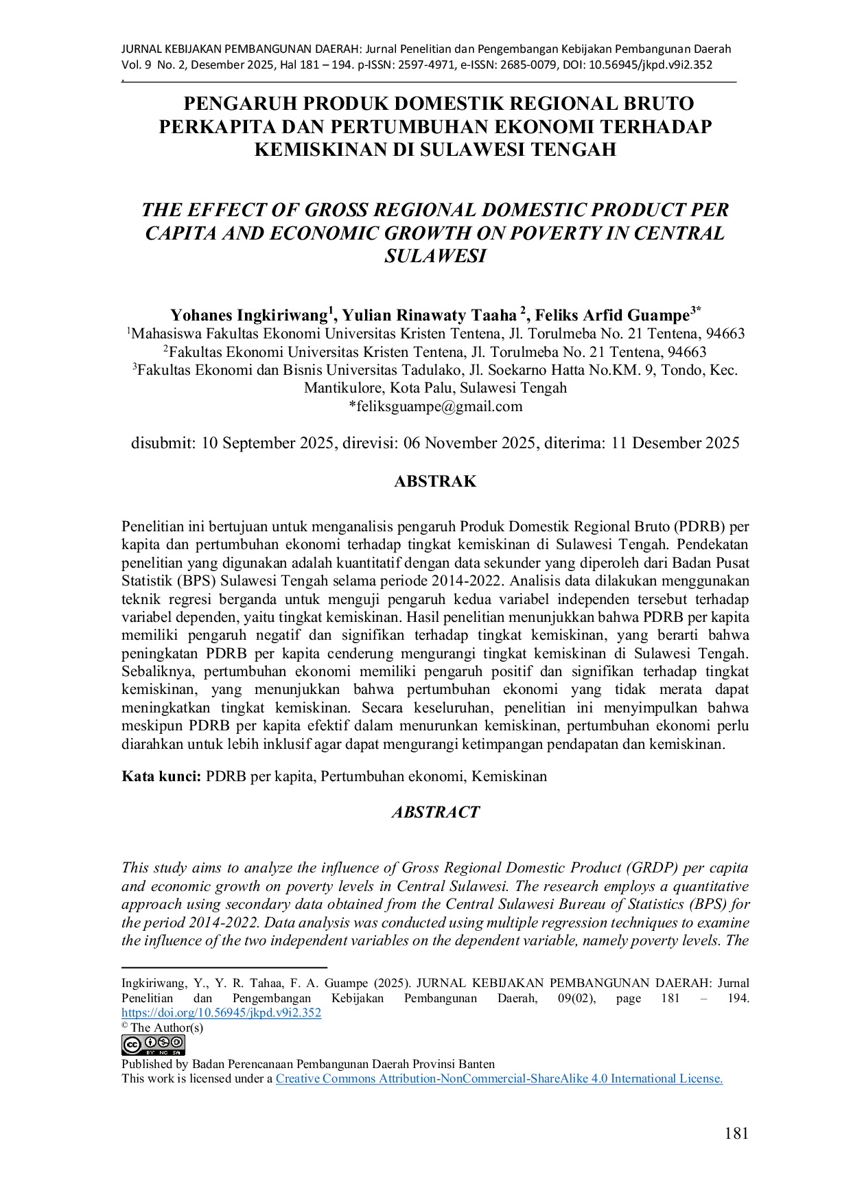 JURIS Pengaruh Produk Domestik Regional Bruto Perkapita dan Pertumbuhan Ekonomi Terhadap Kemiskinan di Sulawesi Tengah