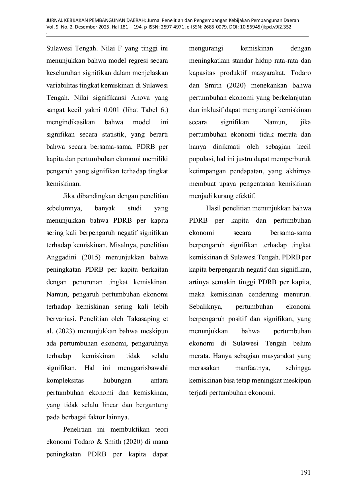 JURIS Pengaruh Produk Domestik Regional Bruto Perkapita dan Pertumbuhan Ekonomi Terhadap Kemiskinan di Sulawesi Tengah